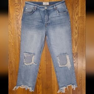 Free People We The Free Blue Straight-Leg Crop Distressed Jeans 28